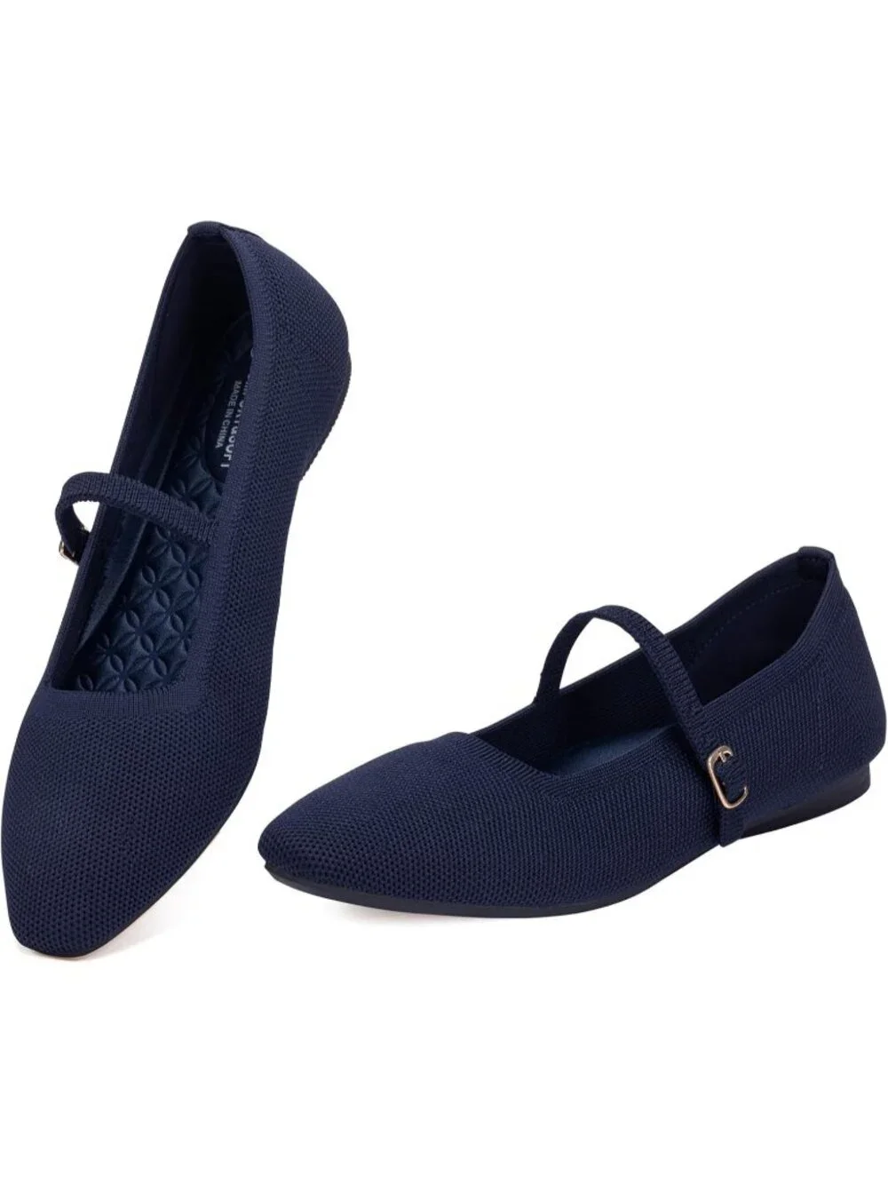 Women's Blue Rubber Knit Square Toe Ballet Flats With Strap Comfortable Shoes
